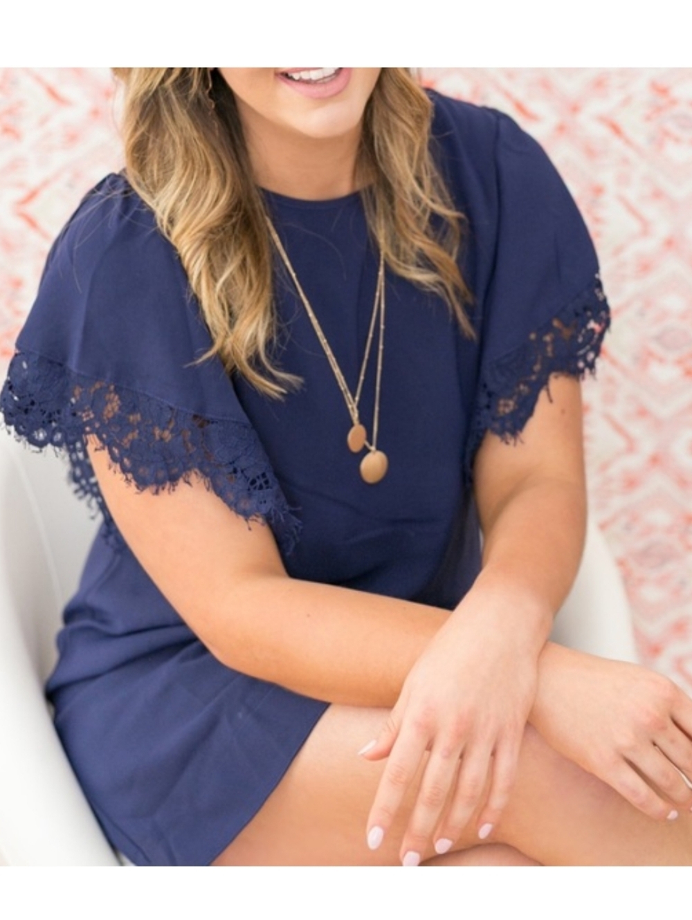 Navy Lace Sleeve Shift Dress Flowy Sugar+ Lips Medium